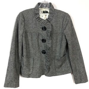 J Crew Charcoal Herringbone Ruffle Wool Jacket